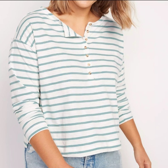 Old Navy Tops - Old Navy Blue and White Striped Henley Shirt Size M